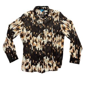 Derek Lam XL Brown Print Blouse Button Up‎ Sheer Long Sleeve 100% Polyester
